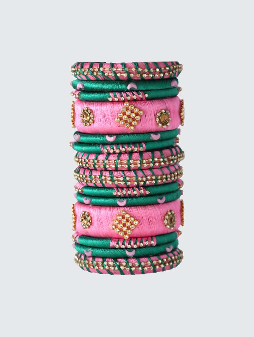  handmade silk thread pink and green bangles set of 14