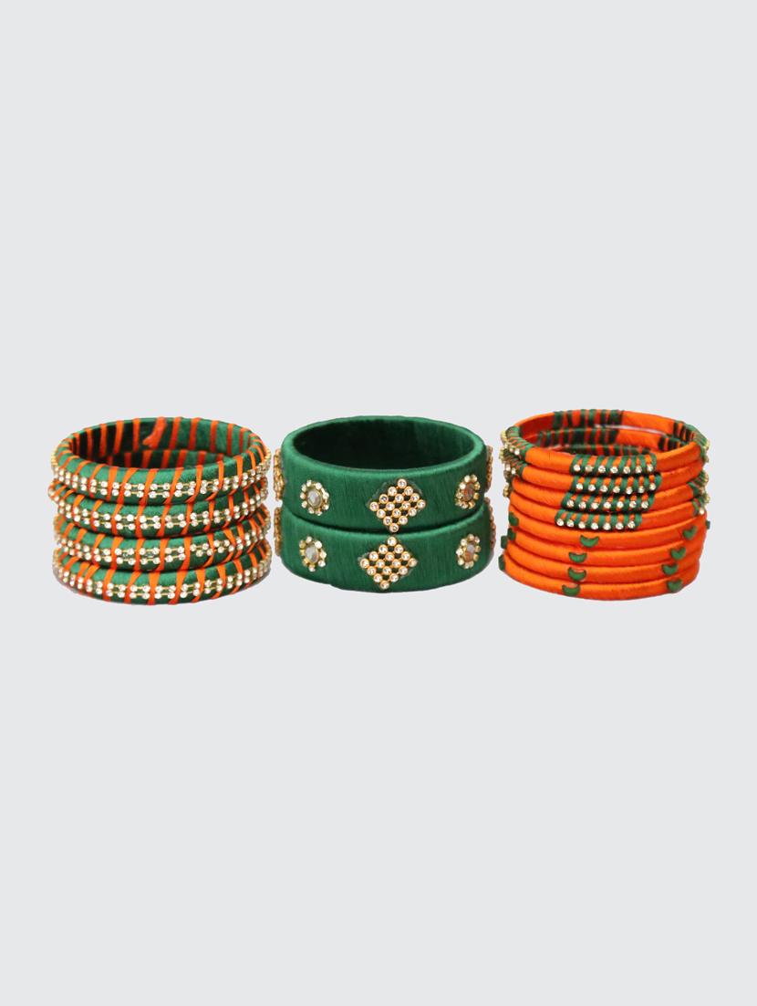 handmade silk thread orange and green bangles set of 14 - 18031735 - Standard Image - 2