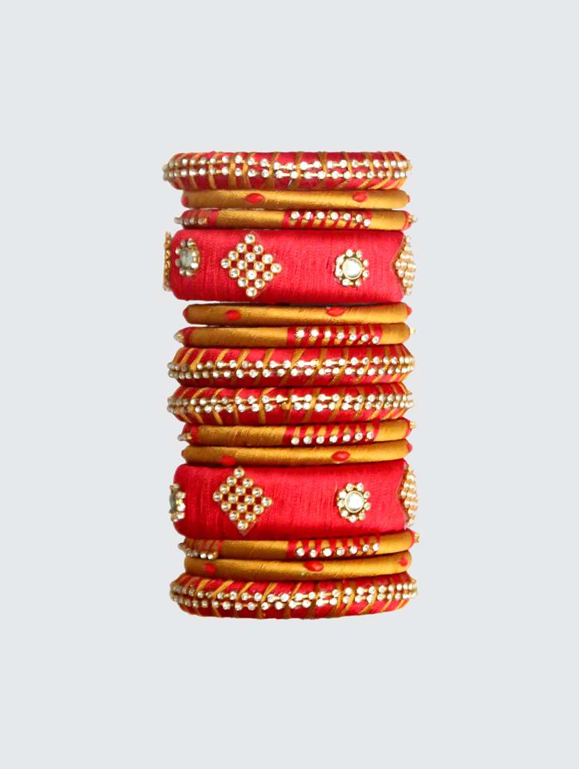 handmade silk thread red and golden bangles set of 14