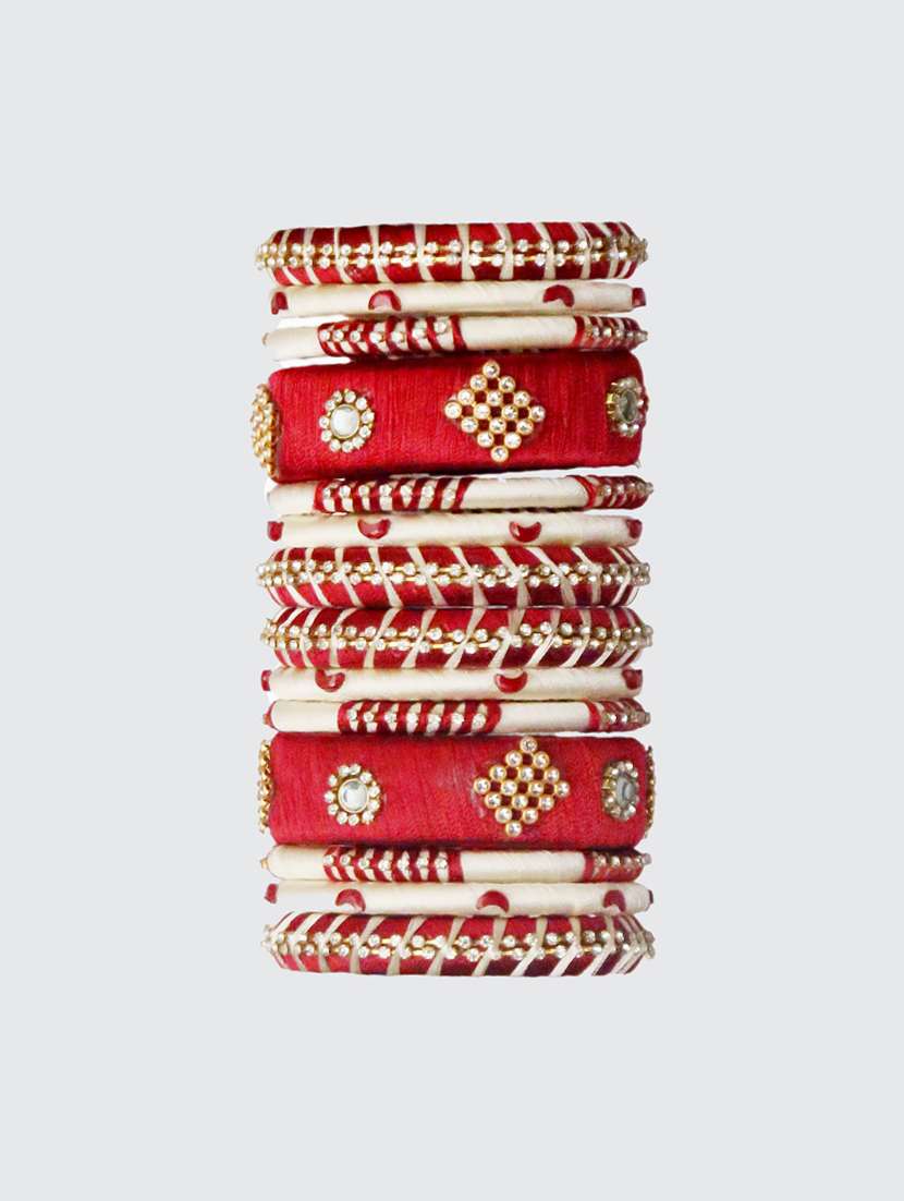 handmade silk thread maroon and off white bangles set of 14