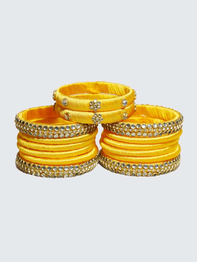 handmade silk thread yellow bangles set of 14 - 18031741 -  Standard Image - 2