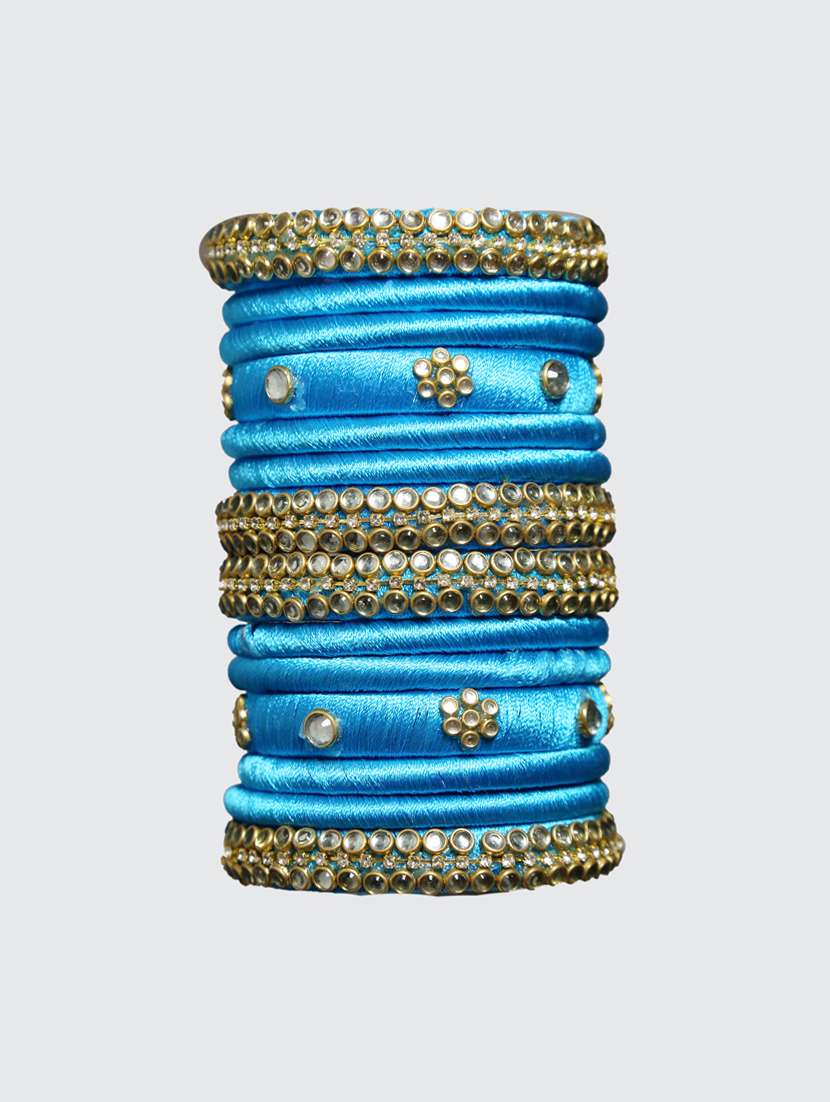 handmade silk thread sky blue bangles set of 14