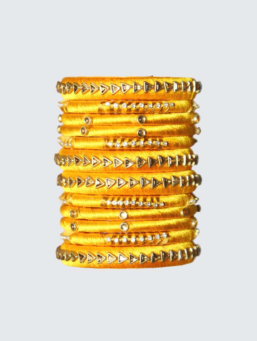 handmade silk thread yellow bangles set of 12