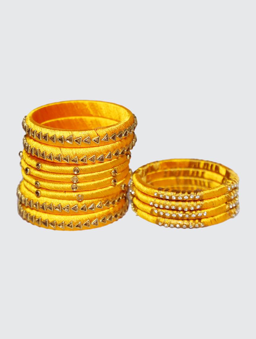 handmade silk thread yellow bangles set of 12 - 18031758 - Standard Image - 2