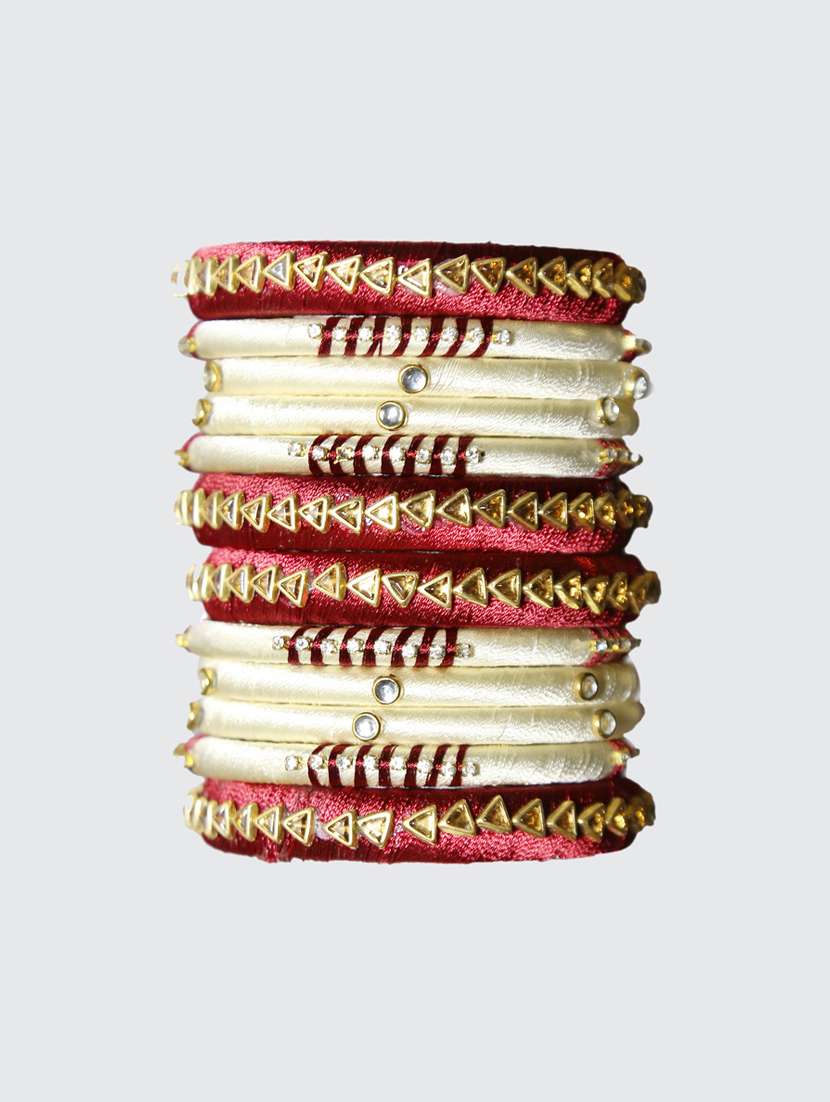 handmade silk thread maroon and off white bangles set of 12
