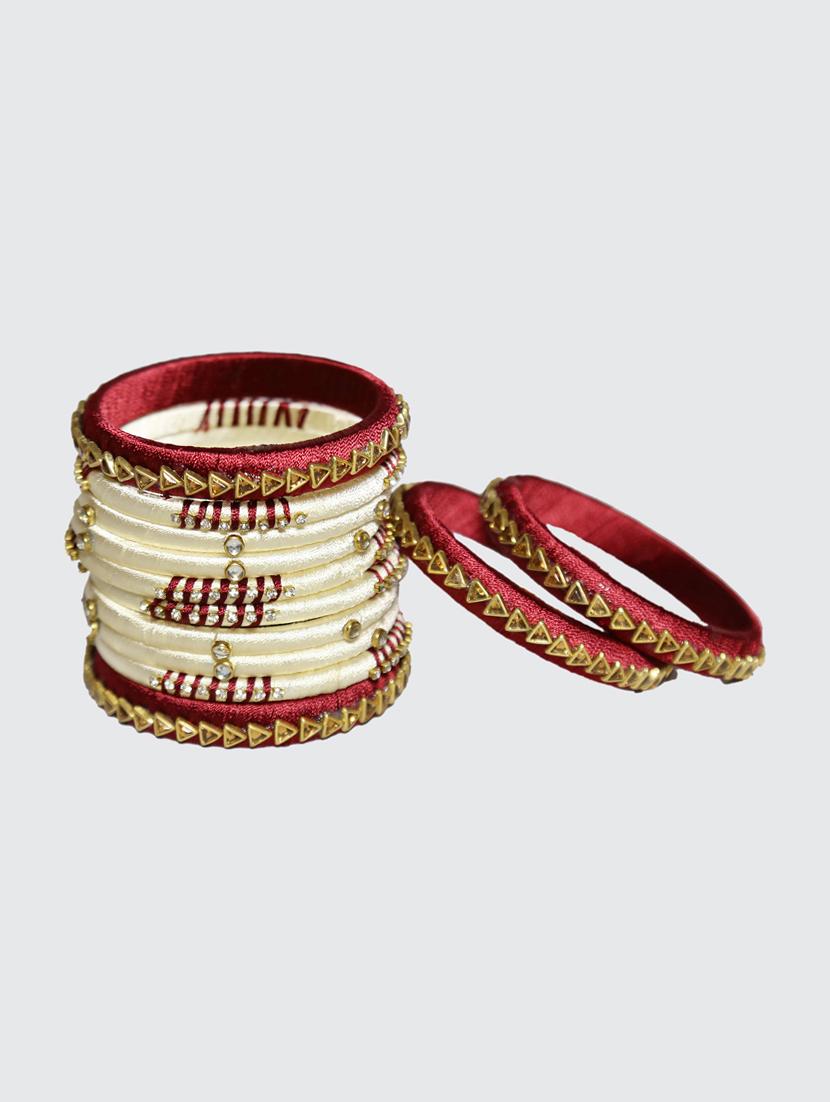 handmade silk thread maroon and off white bangles set of 12 - 18031759 - Standard Image - 2
