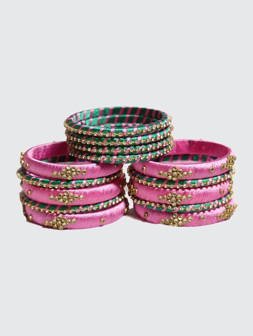 handmade silk thread pink bangles set of 14 - 18031765 - Standard Image - 2