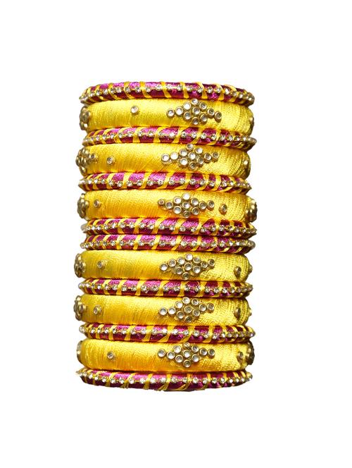  handmade silk thread yellow & dark pink bangles set of 14 - 18031767 -  Standard Image - 0