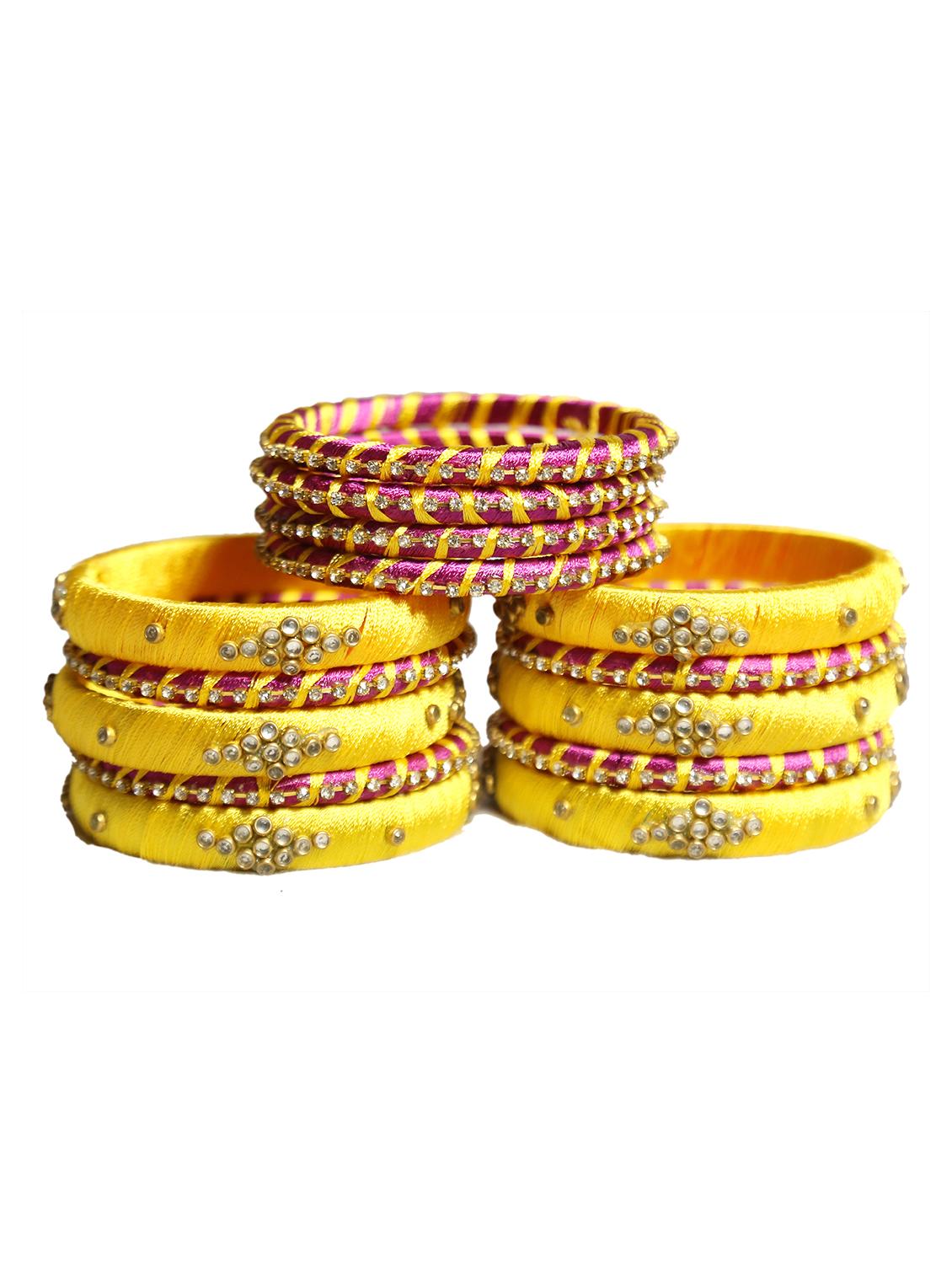 handmade silk thread yellow & dark pink bangles set of 14 - 18031767 - Standard Image - 2