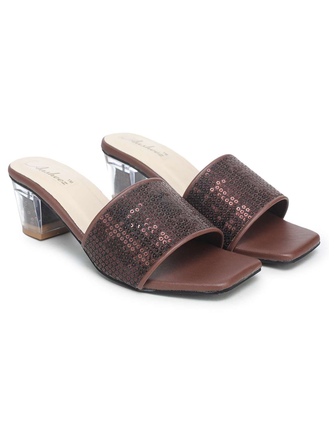 brown synthetic slip on sandals