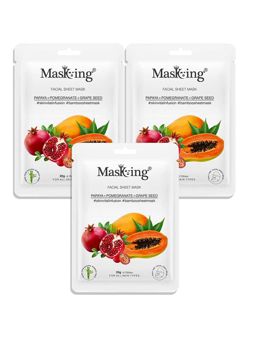 masking bamboo facial sheet mask of papaya, pomegranate & grape seed ideal for women & men, 20ml each (pack of 3)