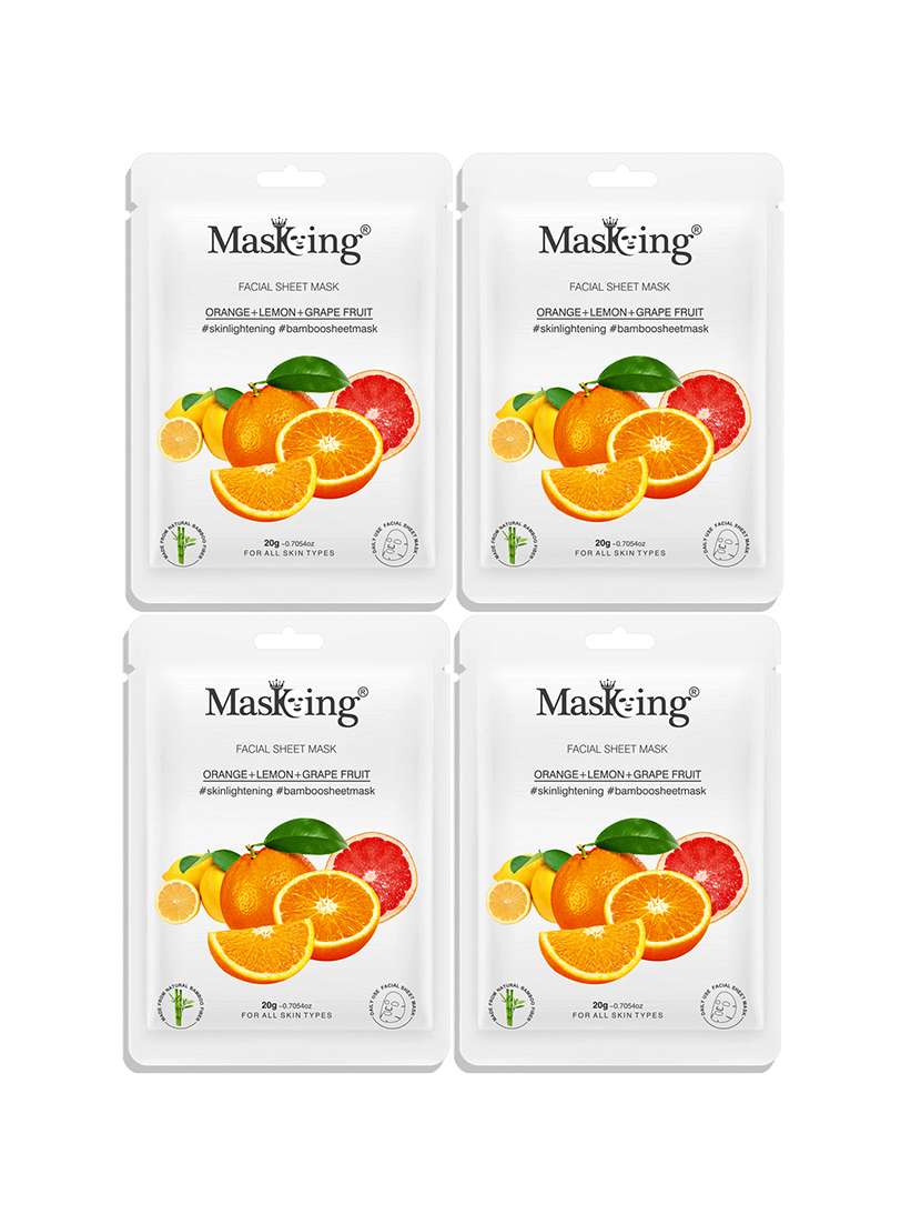 masking bamboo facial sheet mask of orange, lemon & grapefruit for skin lightening ideal for women & men, 20ml each (pack of 4)