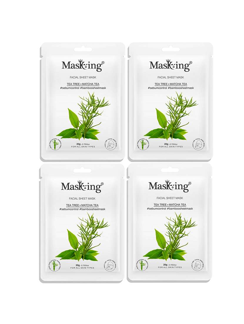 masking bamboo facial sheet mask of tea tree & matcha tea for sebum control ideal for women & men, 20ml each (pack of 4)