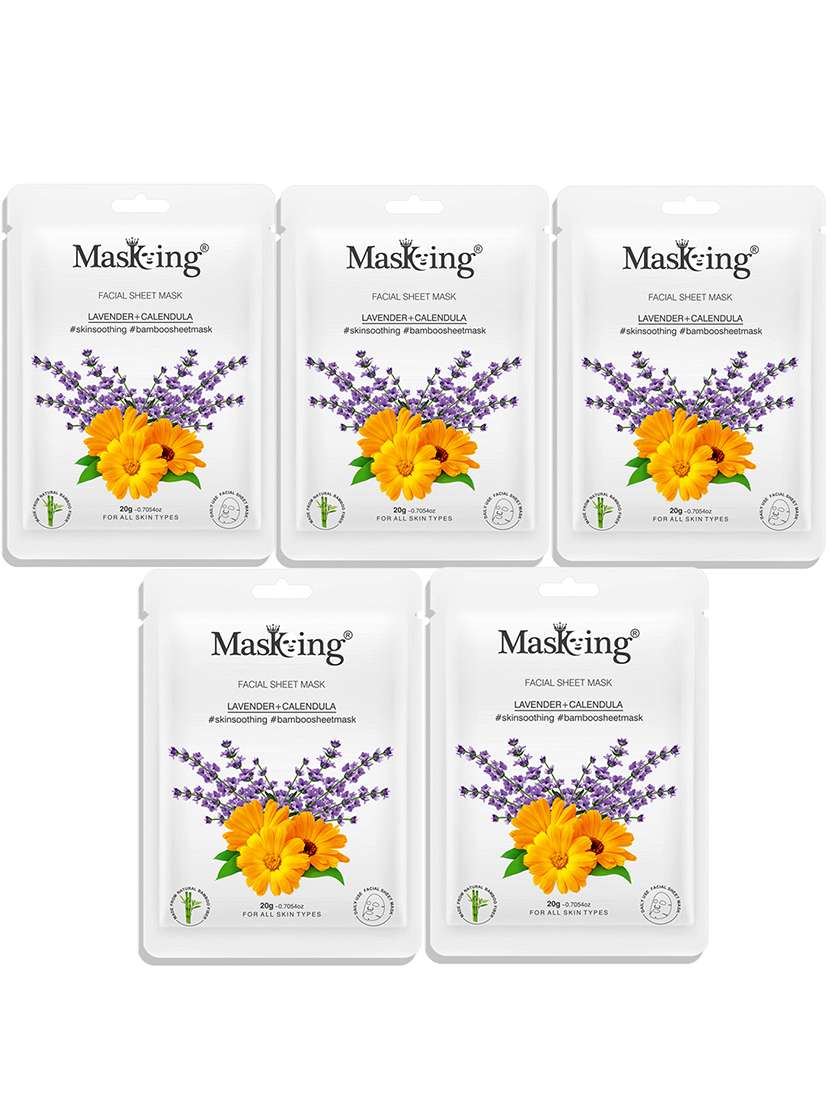 masking bamboo facial sheet mask of lavender & calendula for skin soothing ideal for women & men, 20ml each (pack of 5)