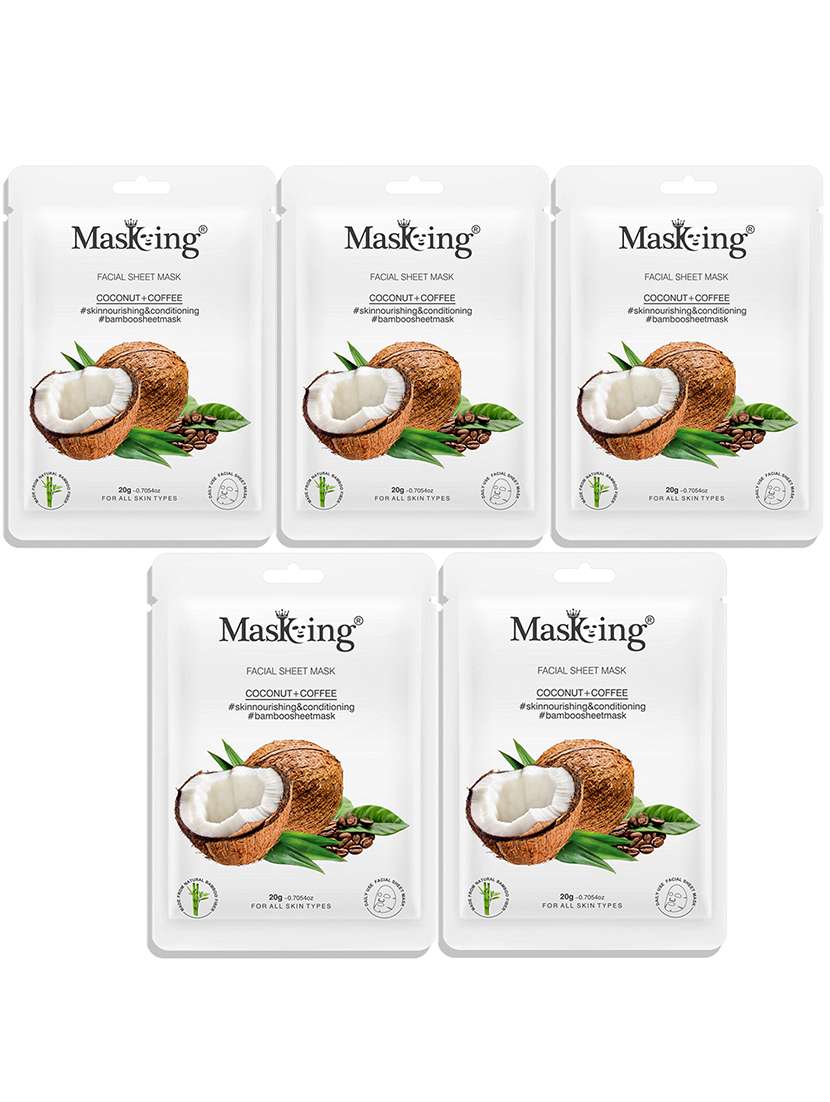 masking bamboo facial sheet mask of coconut & coffee for skin nourishing ideal for women & men, 20ml each (pack of 5)