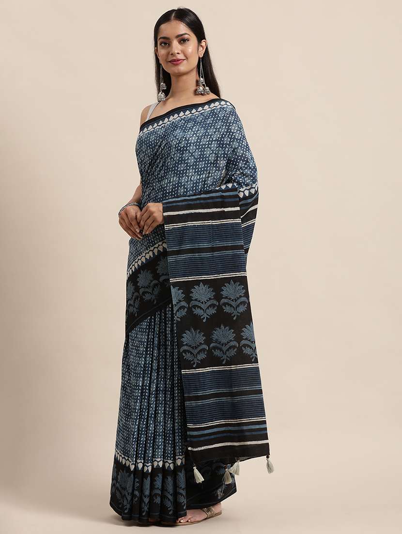 women's bagru navy blue colored saree