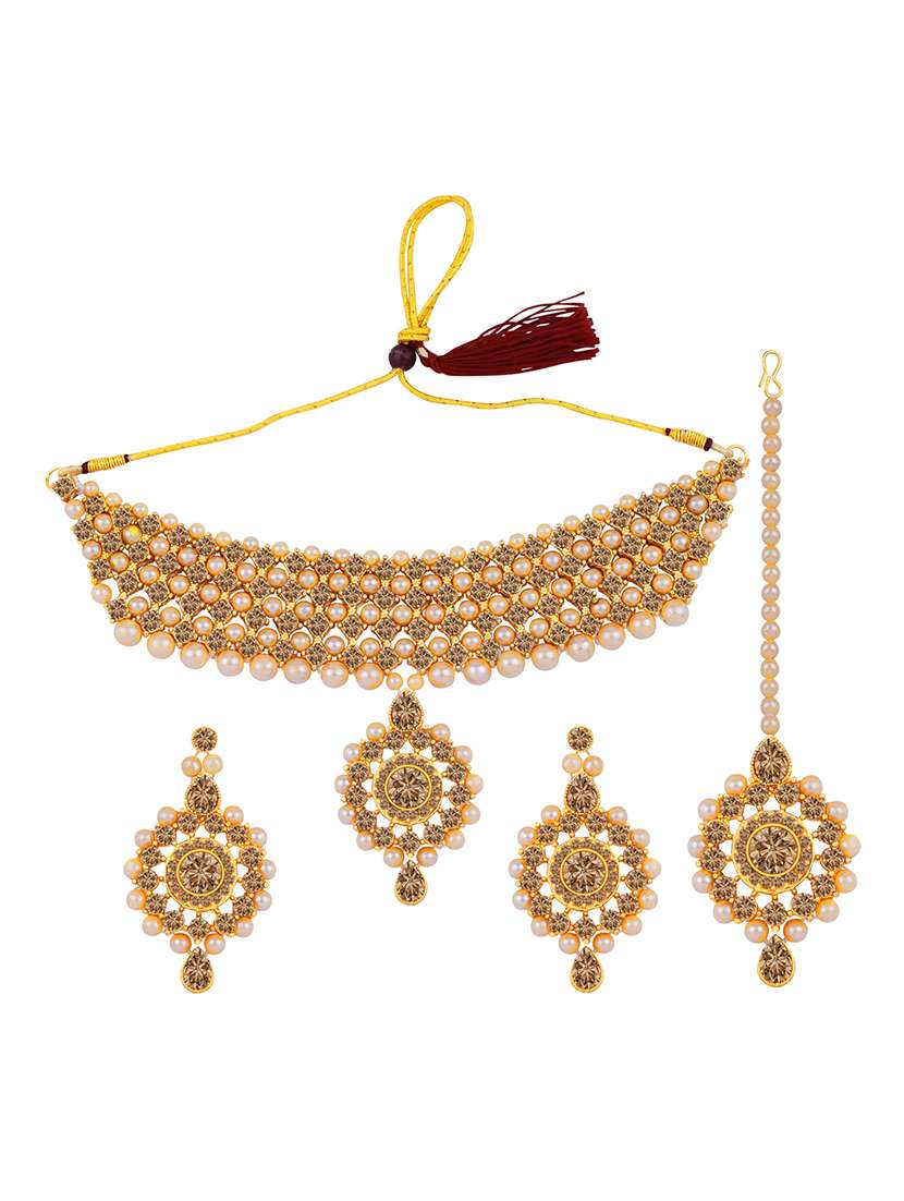 gold plated stone studded choker necklace with earring and maangtikka