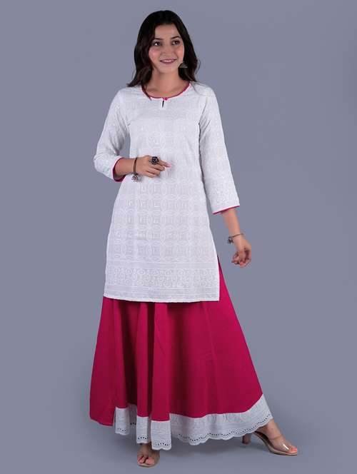 white cotton kurta skirt  set - 18041139 -  Standard Image - 0