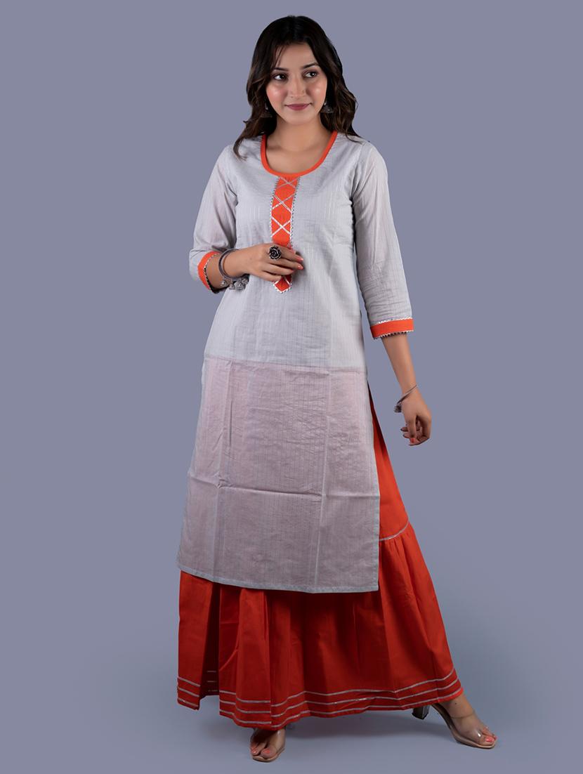 white cotton blend kurta skirt  set - 18041143 -  Zoom Image - 0