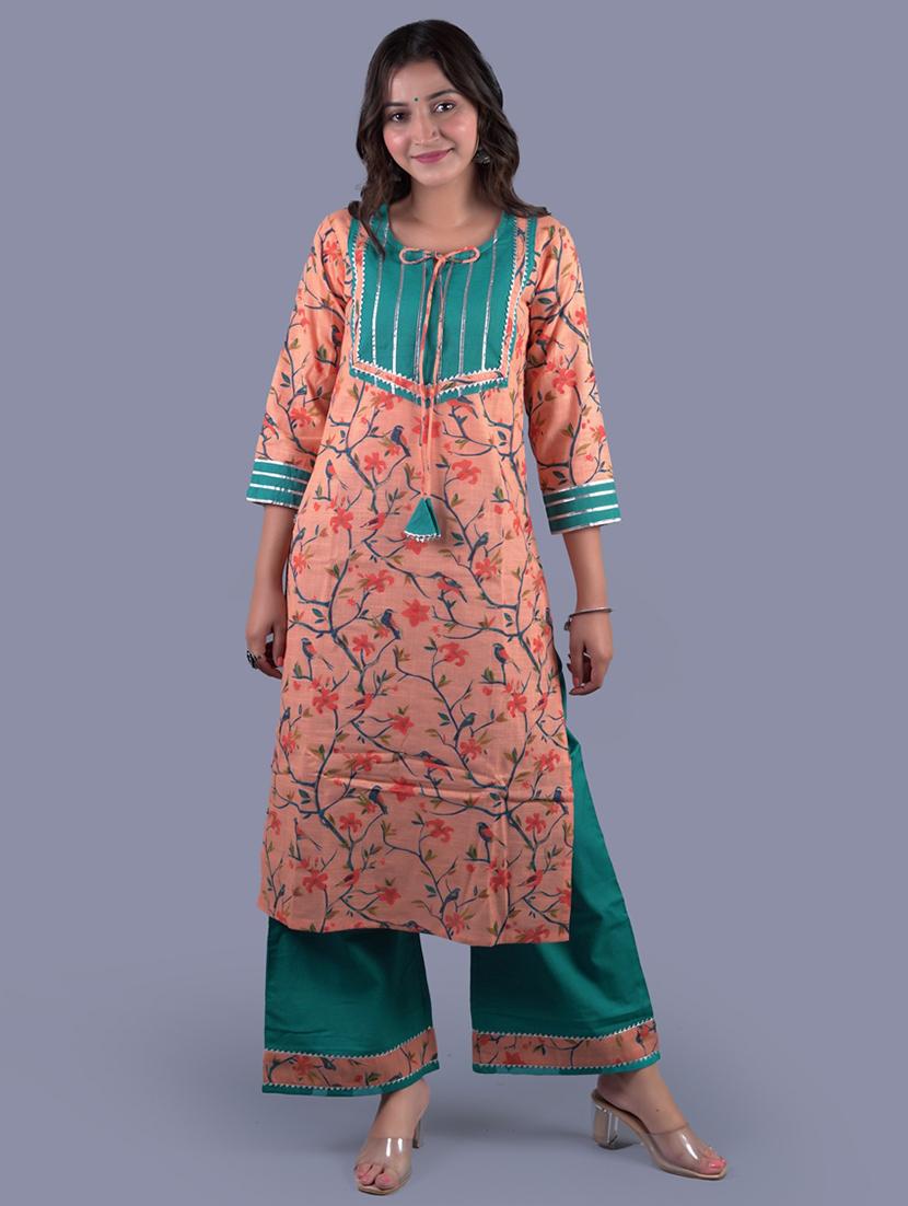 orange cotton blend kurta palazzo  set