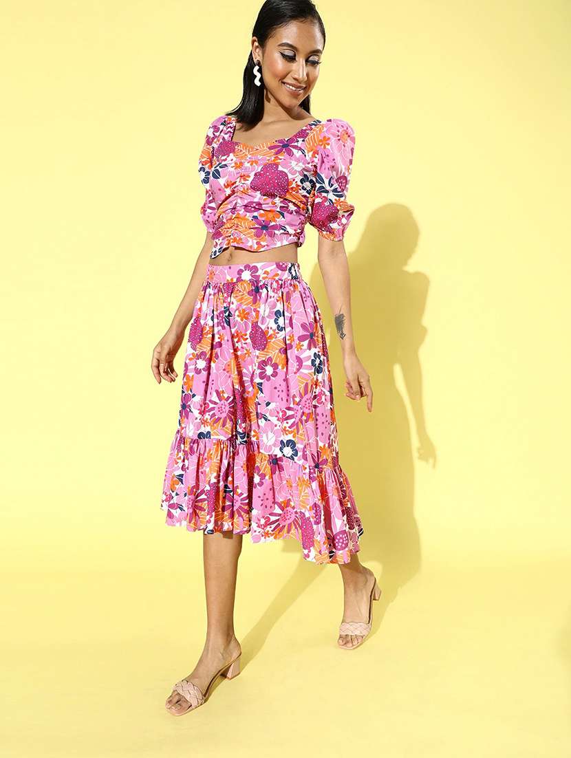 square neck floral top with flared skirt set