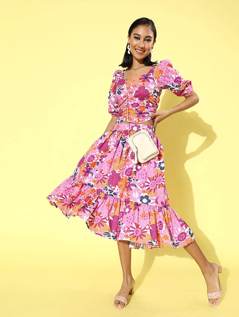 square neck floral top with flared skirt set - 18041371 -  Standard Image - 2