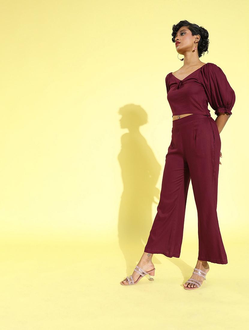 solid crop top with flat front trouser set - 18041419 - Standard Image - 2