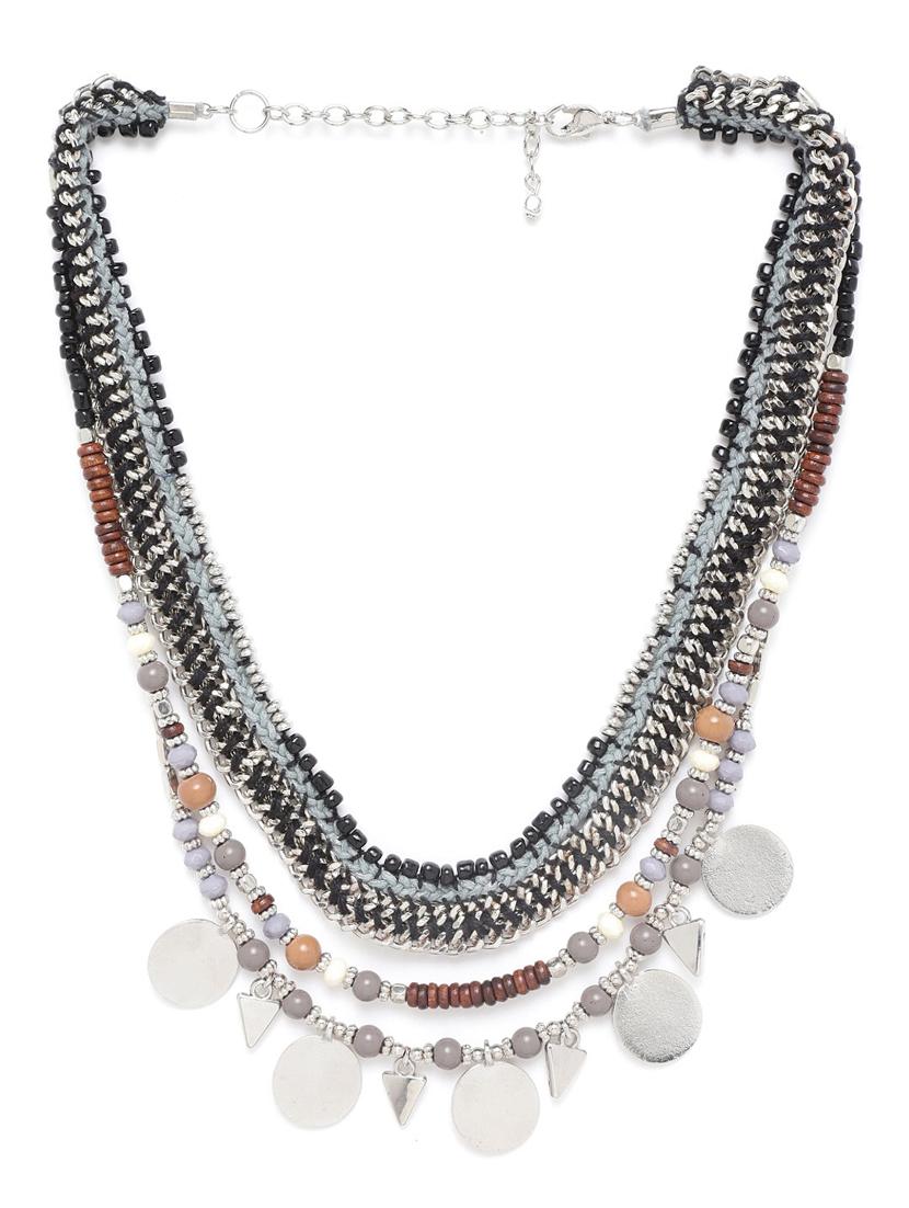 grey & black silver-plated beaded layered tribal necklace - 18041705 - Zoom Image - 0
