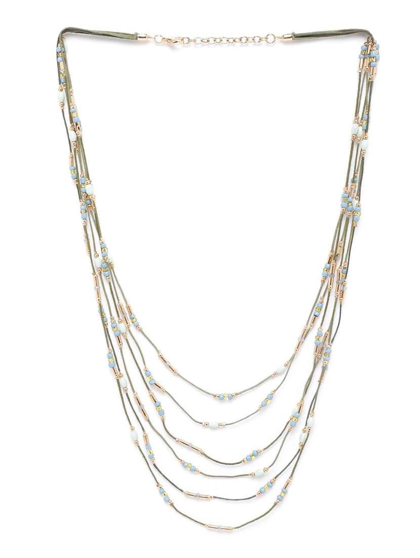 women blue & olive green gold-plated beaded layered necklace
