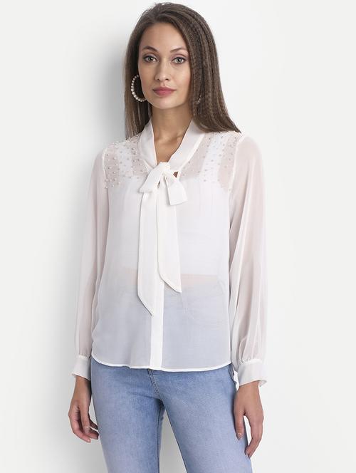 women's straight tie-up neck top - 18042063 - Standard Image - 0