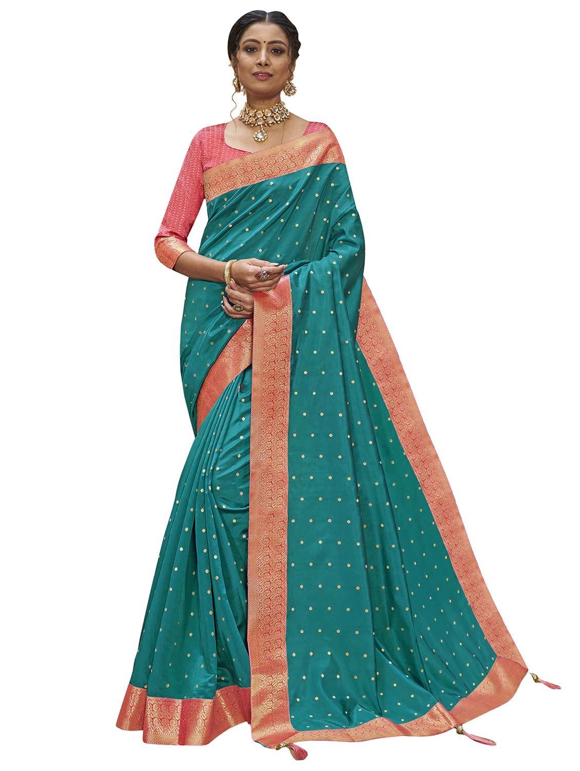women's self design teal colored saree with blouse