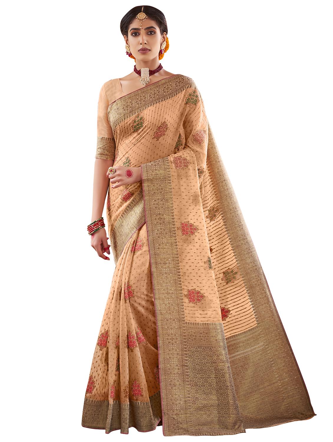 women's self design peach colored saree with blouse