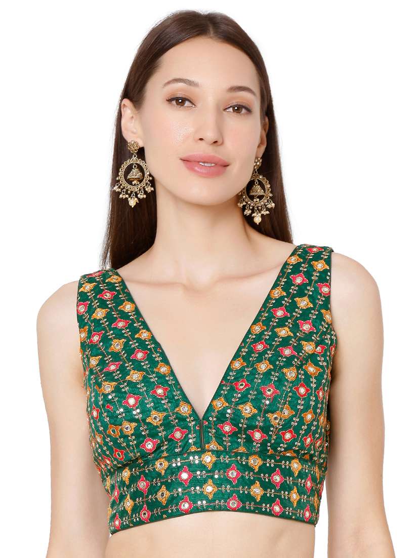 green cotton blend embroidered blouse
