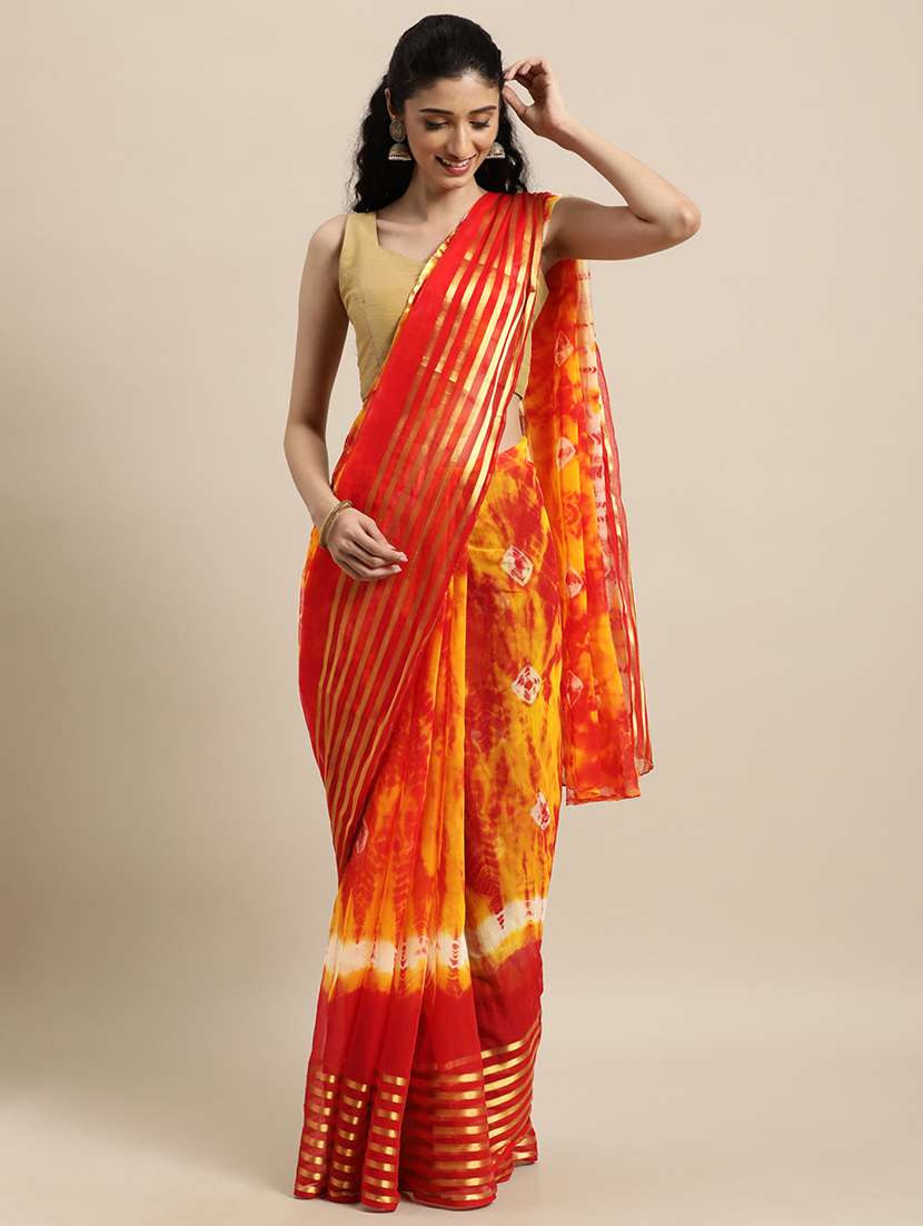 women's bandhani yellow colored saree with blouse