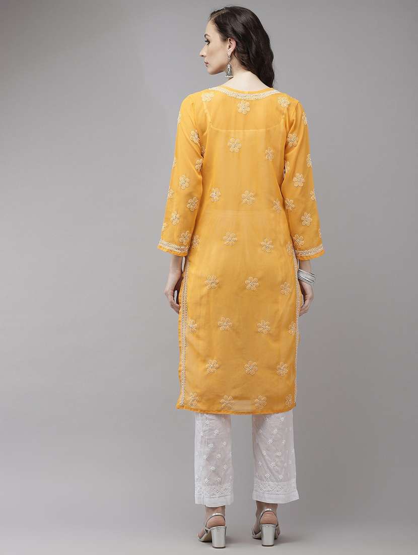 ada hand-embroidered yellow chikankari kurta palazzo set - 18044166 - Standard Image - 2