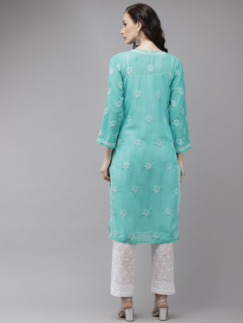 ada hand-embroidered sea green chikankari kurta palazzo set - 18044167 - Standard Image - 2