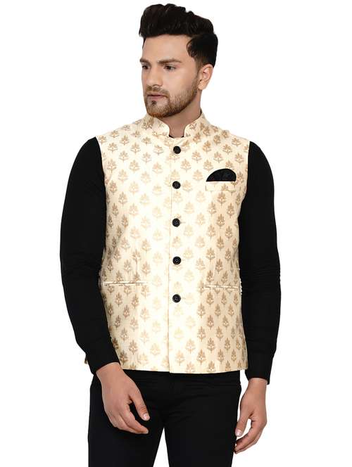 peach printed nehru jacket - 18044671 - Standard Image - 0