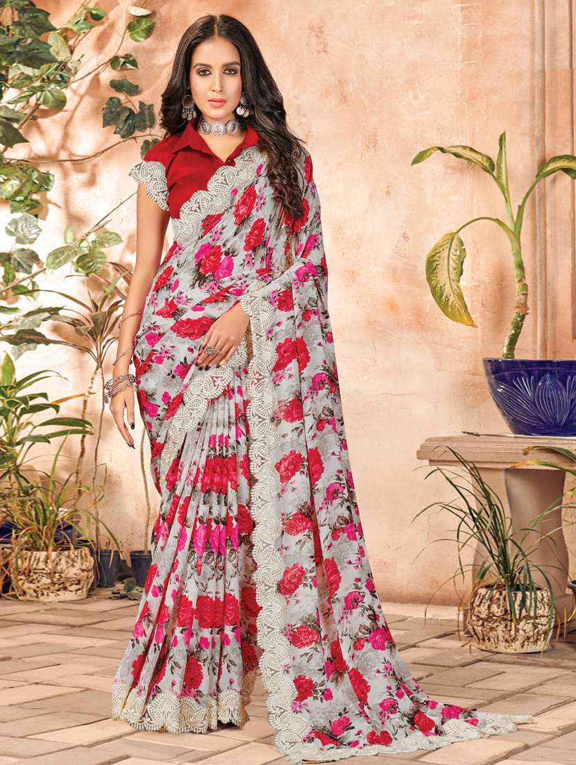offwhite georgette printed saree with blouse