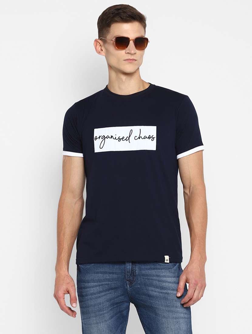 men navy blue chest print t-shirt
