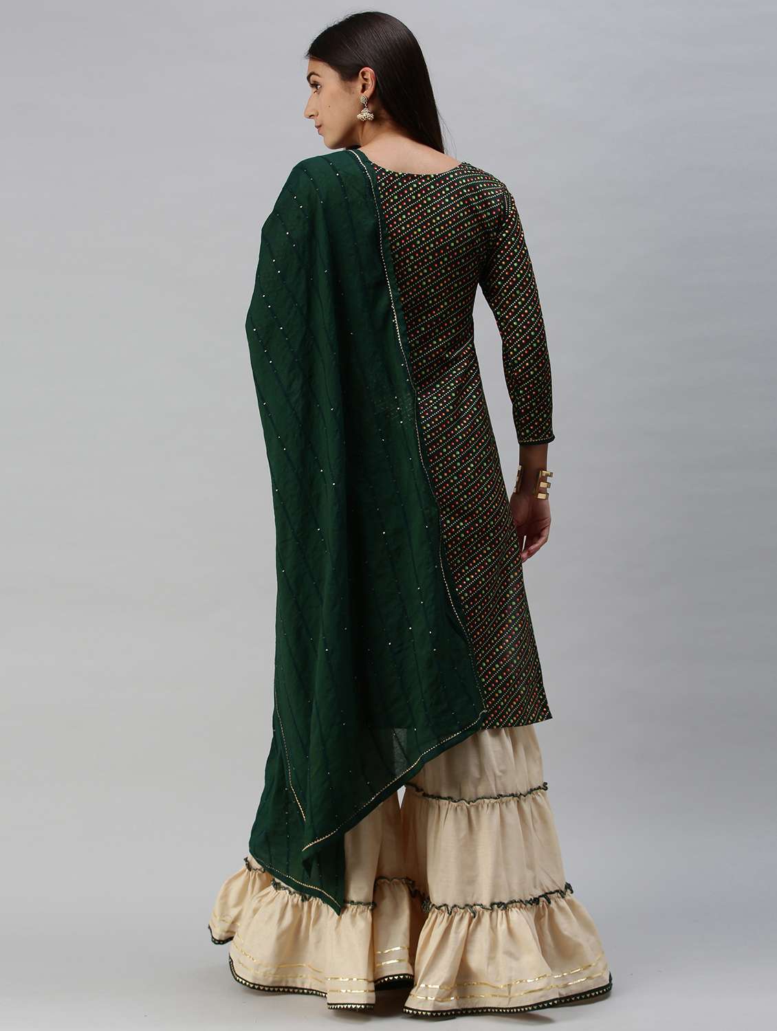 Green Cotton Blend Kurta Sharara  Set