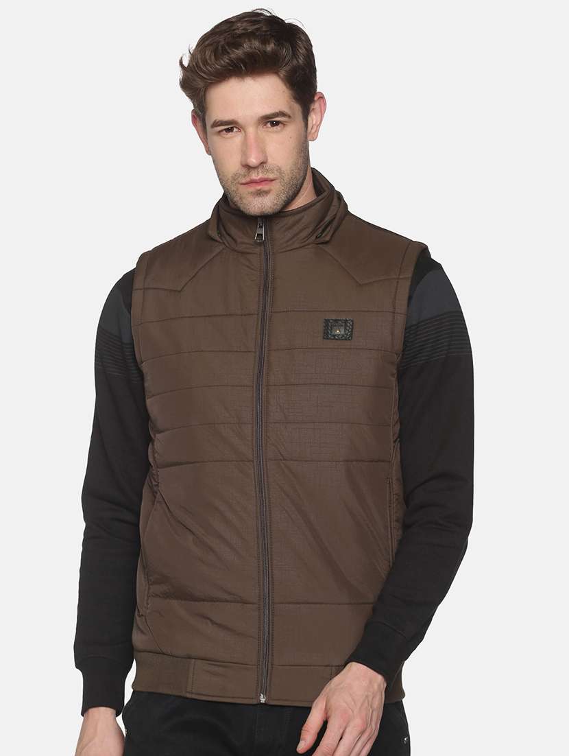 brown solid quilted jacket