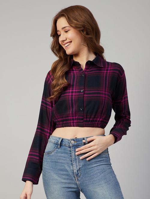 long sleeved checked crop shirt - 18052467 - Standard Image - 0