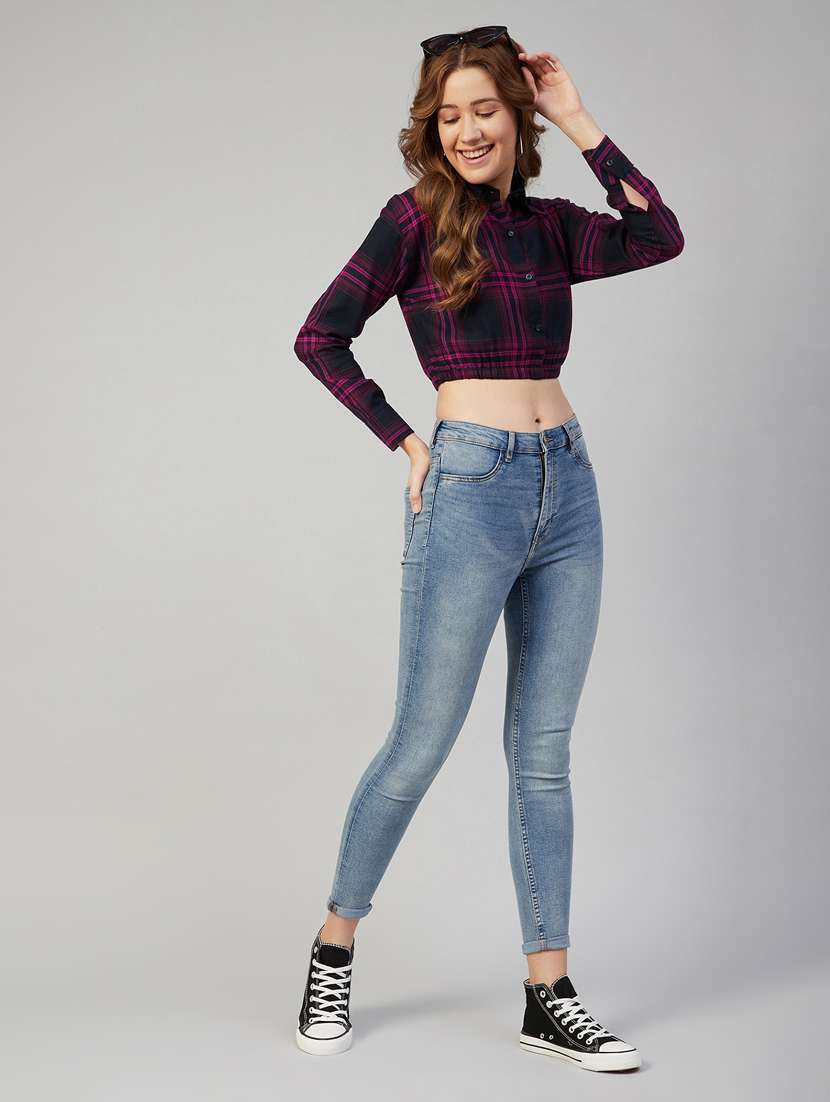 Long Sleeved Checked Crop Shirt