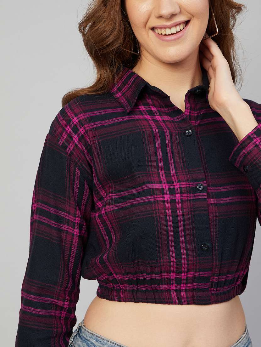 Long Sleeved Checked Crop Shirt