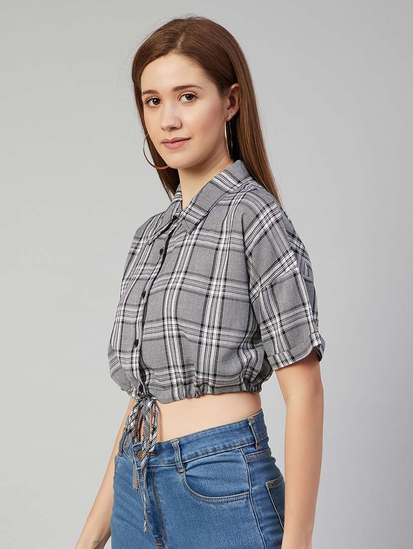 white checked  knotted crop shirt