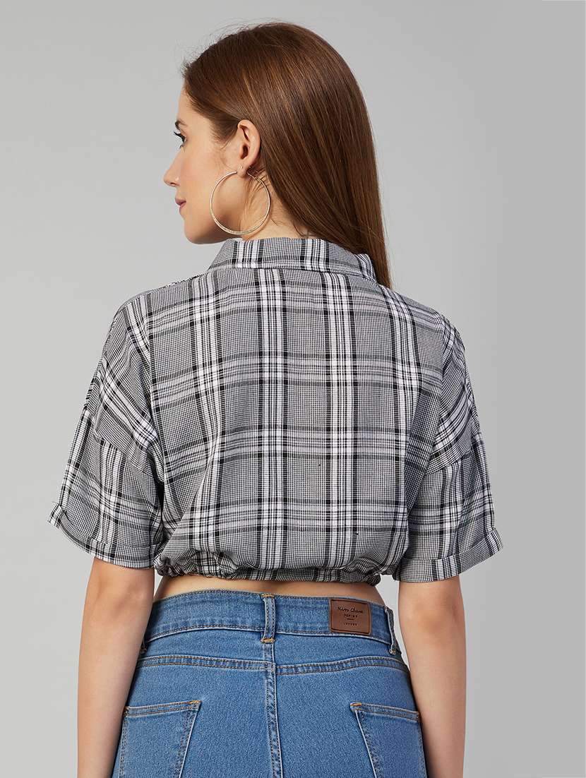 white checked  knotted crop shirt - 18052471 -  Standard Image - 2