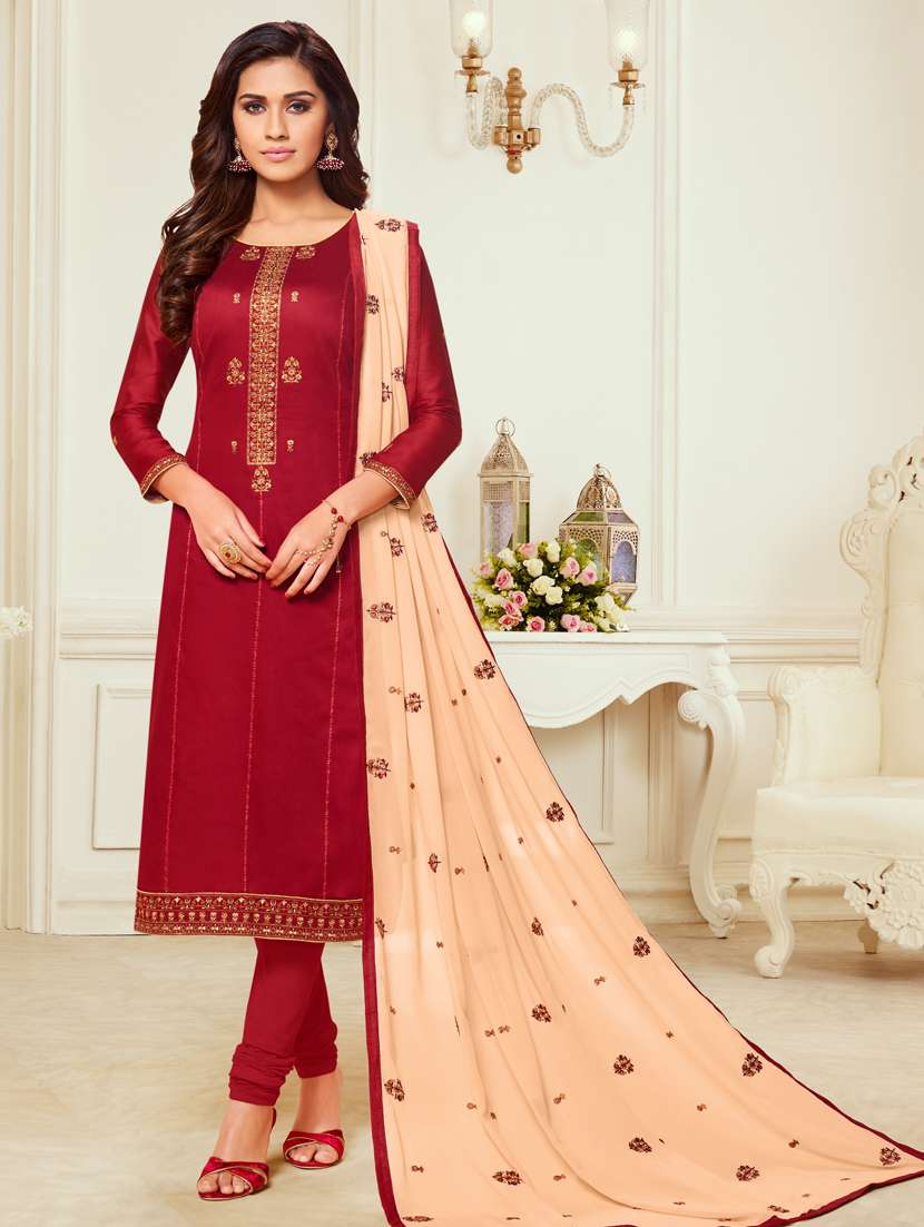 maroon silk semistitched suit