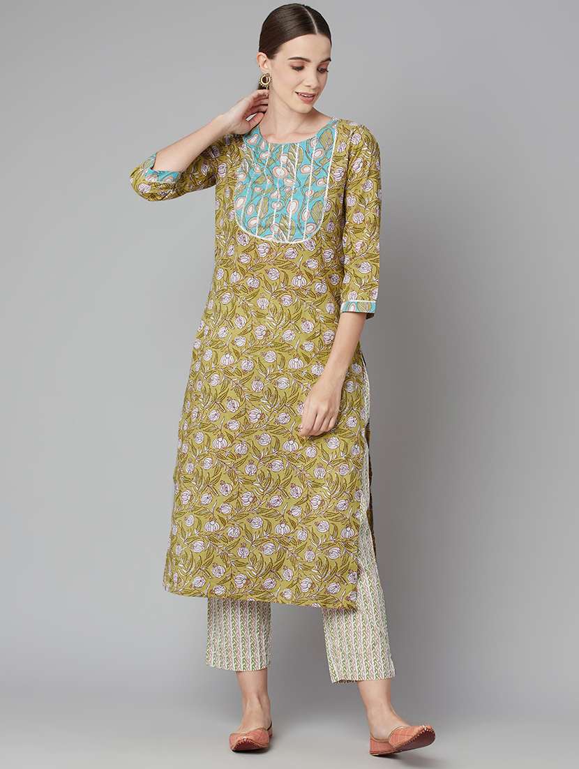 green cotton kurta pant  set