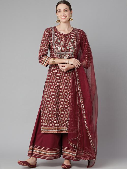 red cotton kurta palazzo set - 18054216 - Standard Image - 0