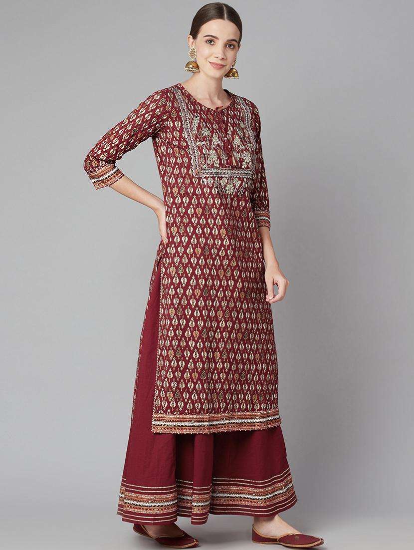 red cotton kurta palazzo  set - 18054216 -  Standard Image - 2